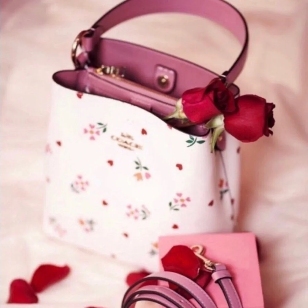 Coach Small Town Bucket Pink Leather Signature Canvas Heart Petal Print Chalk